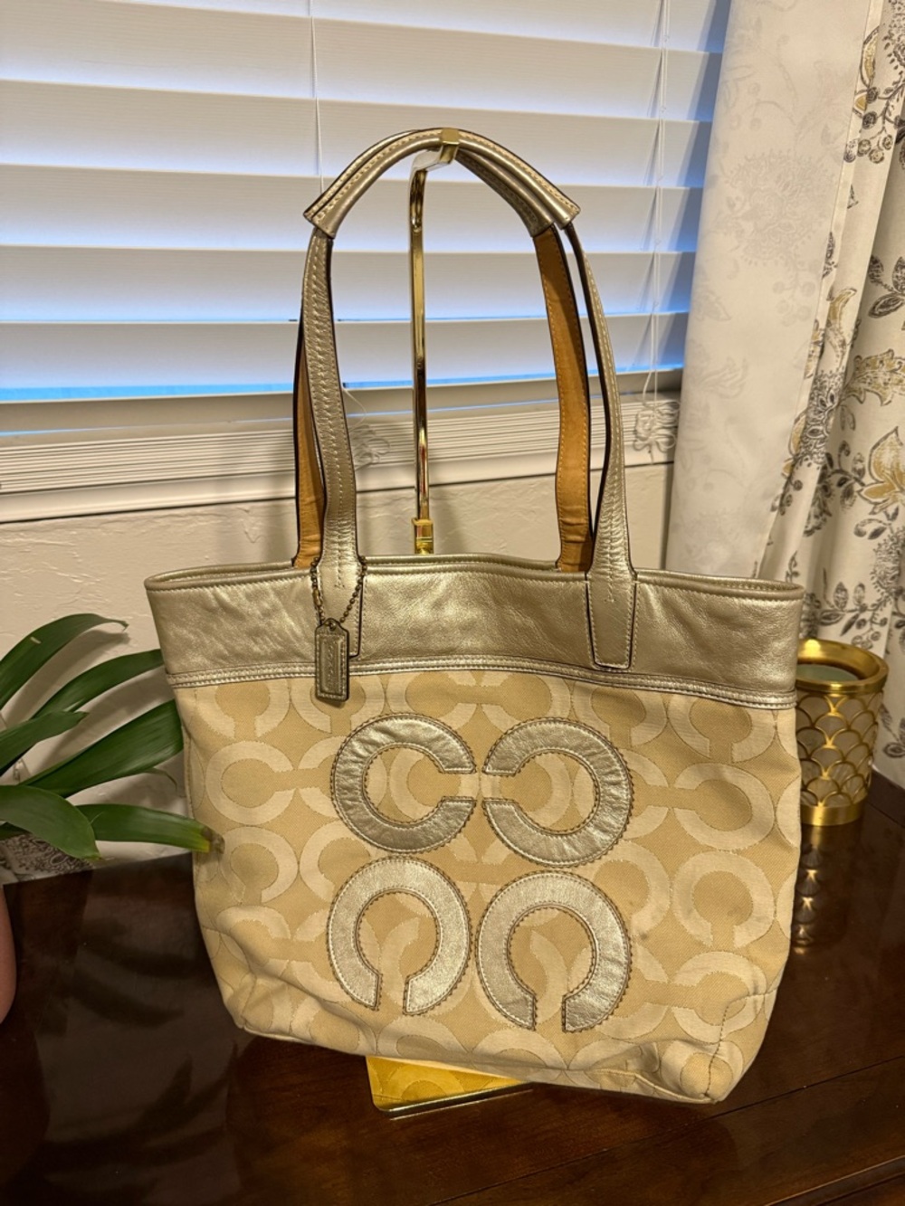 Coach Op Art Glam Tote – Khaki Signature Jacquard w/ Metallic Leather Trim